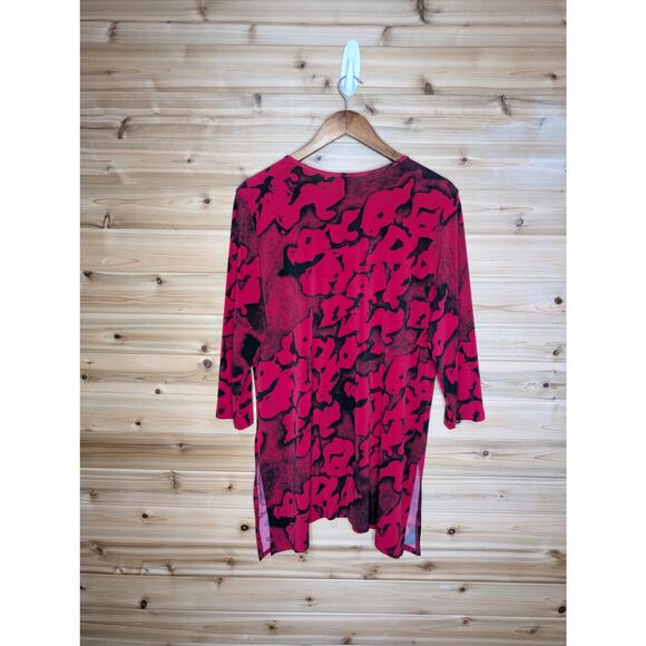 Clara Sun Woo Top Womens Medium Red Black Floral Tunic Art to Wear - Picture 4 of 9